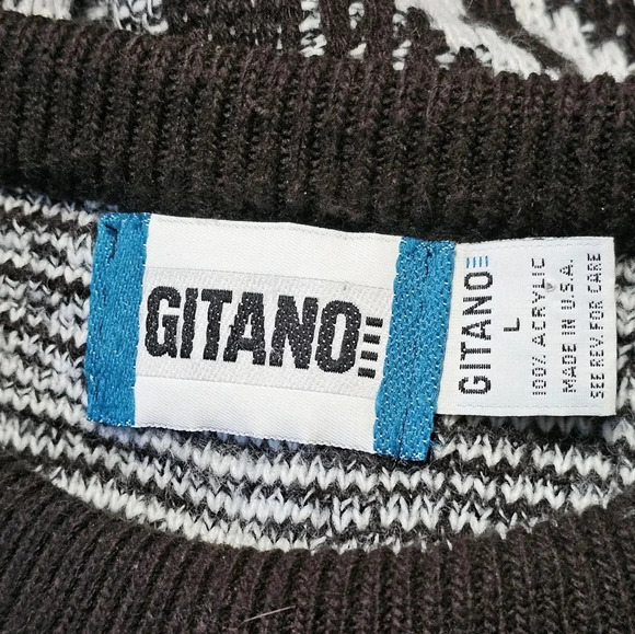Gitano Men Large Black White Abstract Knit Sweater Vintage 80s Retro Grunge Rare - Picture 4 of 6